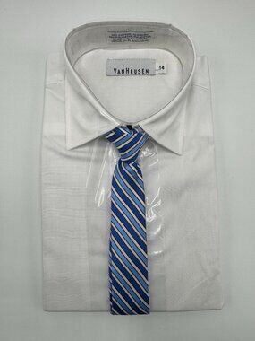 Van Heusen Boys White Dress Shirt-14 Regular-Blue Striped Clip Tie Long Sleeve